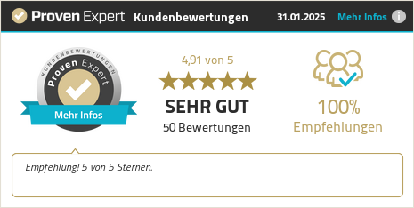 ProvenExpert Bewertungssiegel, 4,91 von 5 Sternen aus 50 Bewertungen